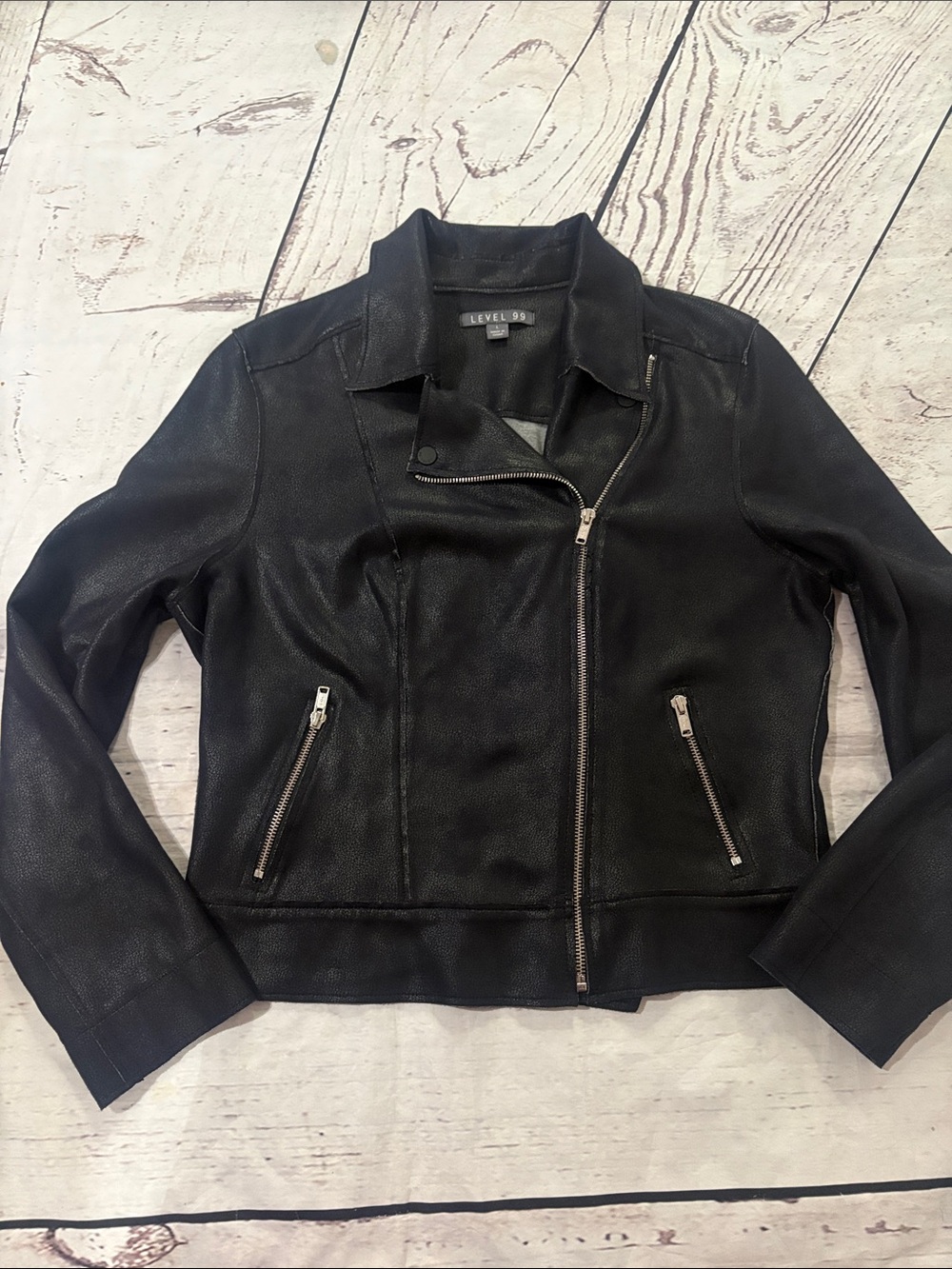 Level 99 Women's Black/ navy Faux Leather Asymmetrical Zip grunge Moto Jacket